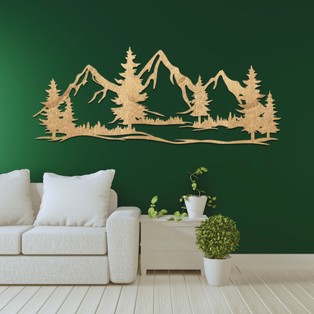 Wooden wall decoration of mighty mountains and forest