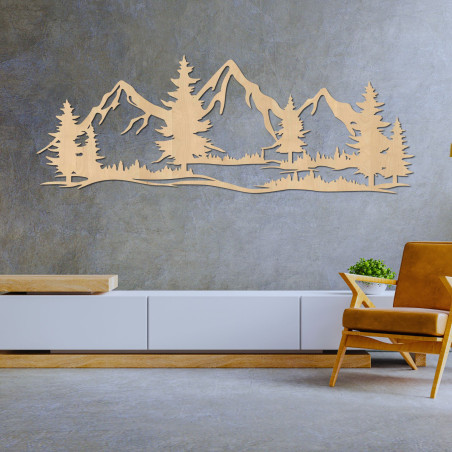 Wooden wall painting of mountains and forest