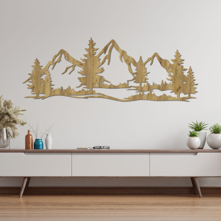A wooden wall painting with a motif of mountains and forests will bring the atmosphere of wild nature into your home.