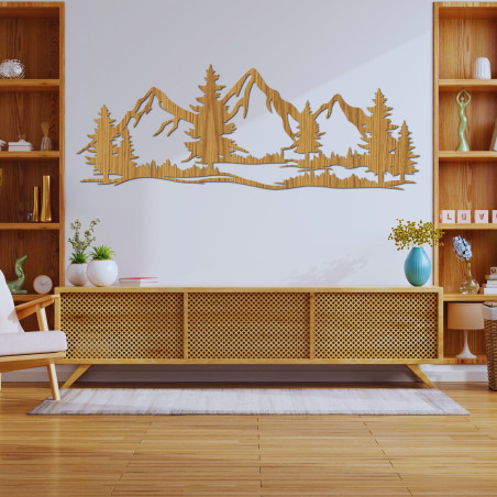 A wooden wall painting with a motif of mountains and forests will bring the atmosphere of wild nature into your home.