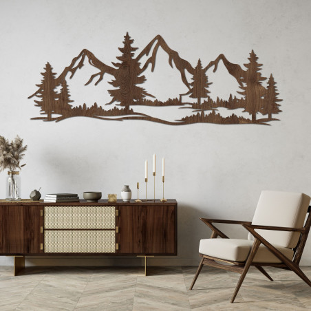 A wooden wall painting with a motif of mountains and forests will bring the atmosphere of wild nature into your home.
