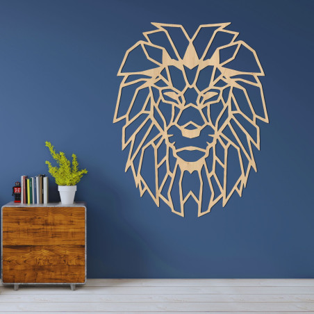Modern wooden lion on the wall with geometric artistic design