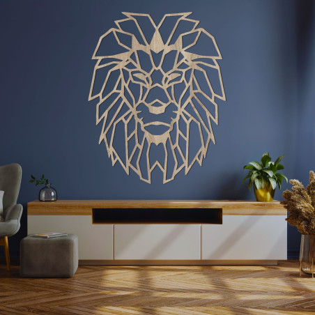 Modern wooden lion on the wall with geometric artistic design