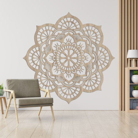 Large wooden mandala as a stylish accessory above the living room sofa