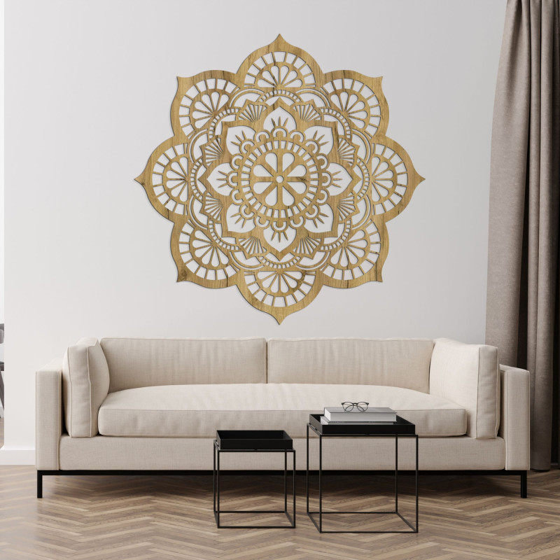Large wooden mandala as a stylish accessory above the living room sofa