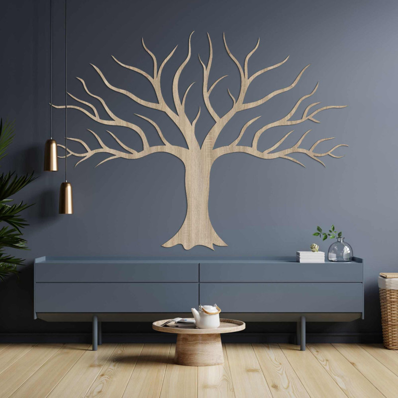 Wooden picture on the wall with tree branches