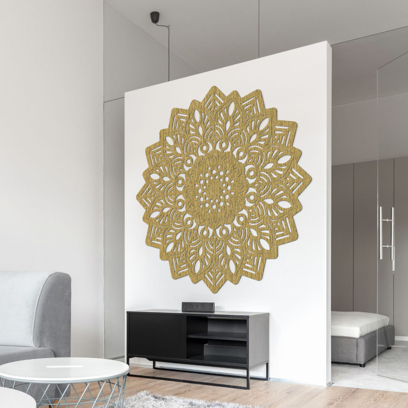 Luxurious wooden wall decoration with a sun mandala motif