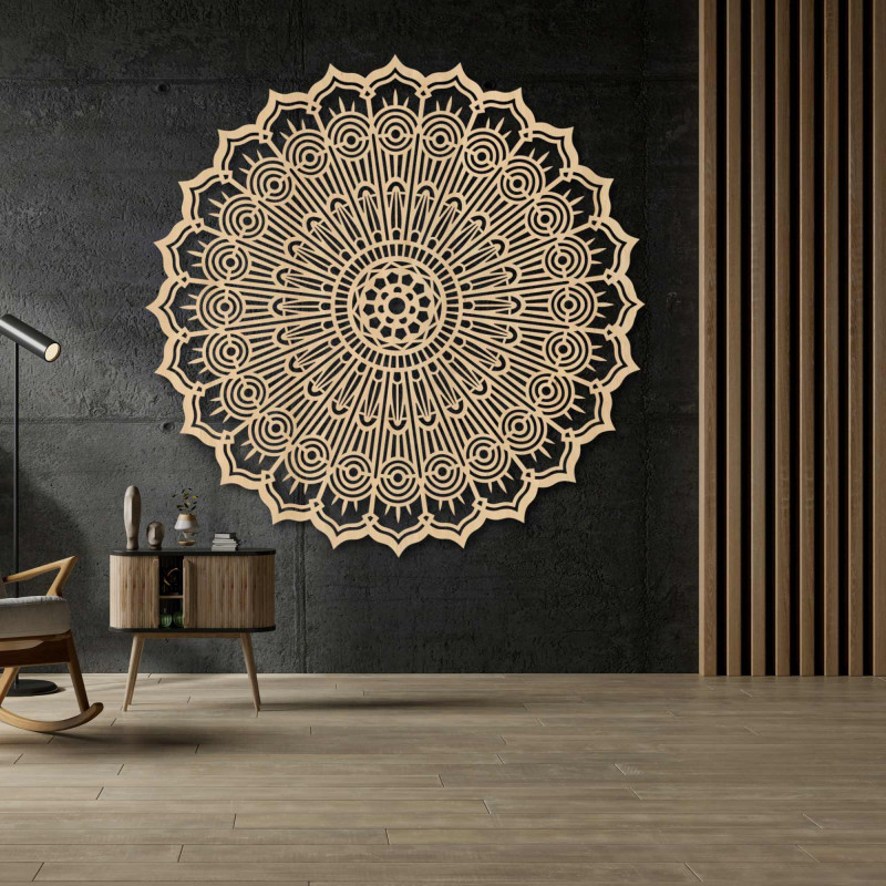 Wooden circular Mandala painting, laser-cut. Precise geometric wall decoration, brown.