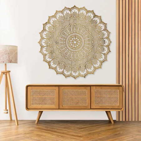 Wooden circular Mandala painting, laser-cut. Precise geometric wall decoration, brown.