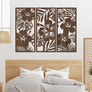 Wooden 3-piece painting Tropical Flowers and Monstera
