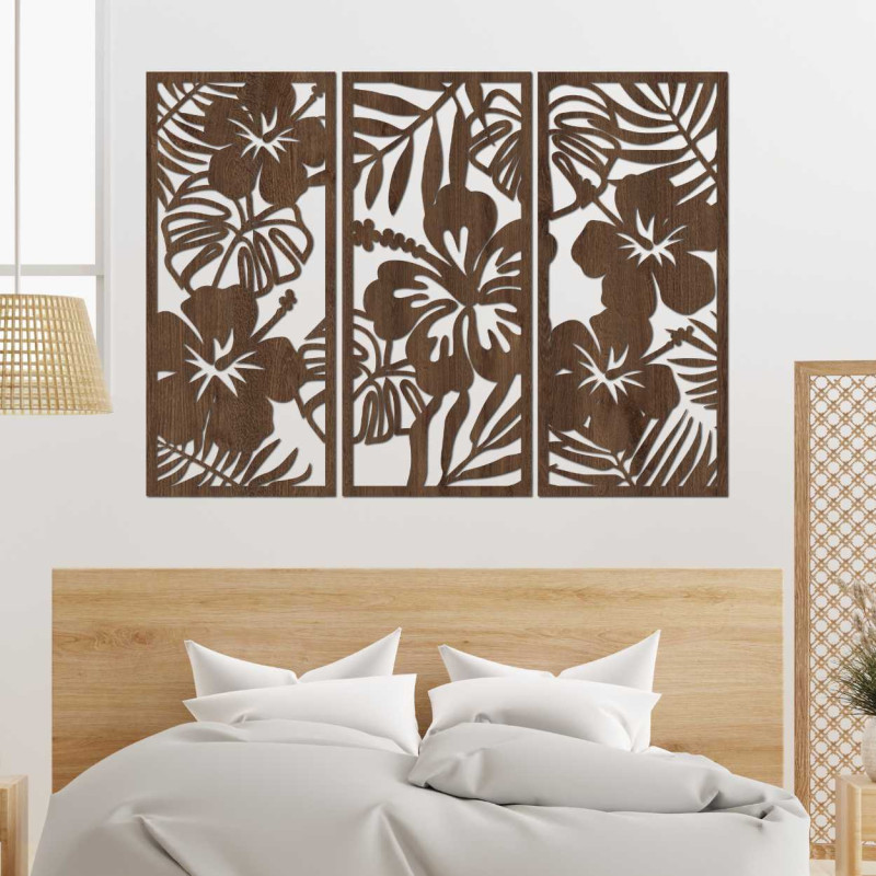 Wooden 3-piece painting Tropical Flowers and Monstera