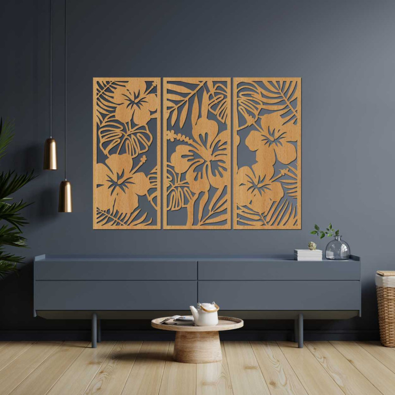 Wooden wall decoration: Exotic flower and leaves
