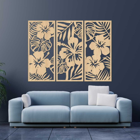 Wooden 3-piece painting Tropical Flowers and Monstera