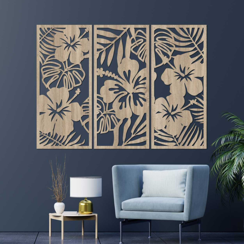 Wooden 3-piece painting Tropical Flowers and Monstera