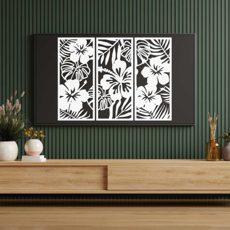 Wooden 3-piece painting Tropical Flowers and Monstera