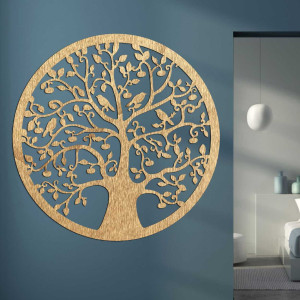 Large black Tree of Life wall hanging with carved bird and leaf details.