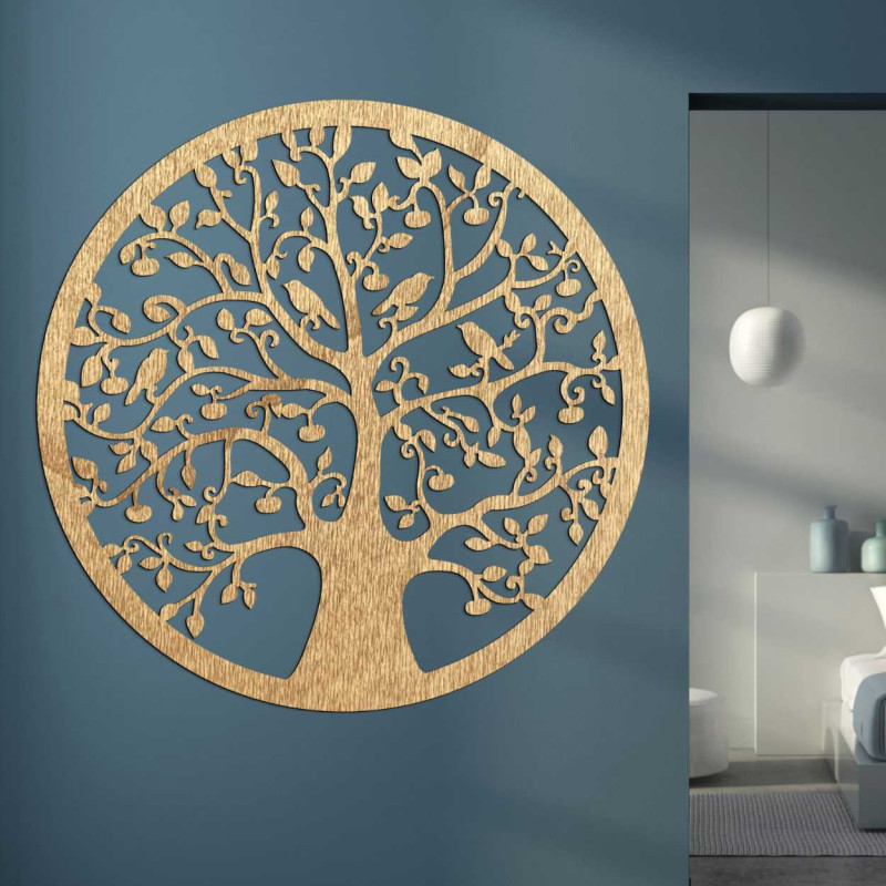 Large black Tree of Life wall hanging with carved bird and leaf details.