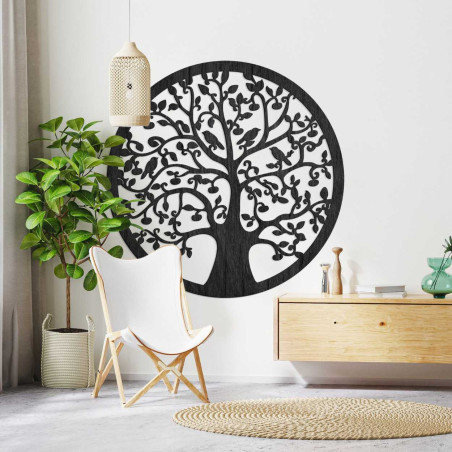 Large black Tree of Life wall hanging with carved bird and leaf details.