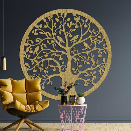 Circular wooden decoration Tree of Life in black design above the chest of drawers.