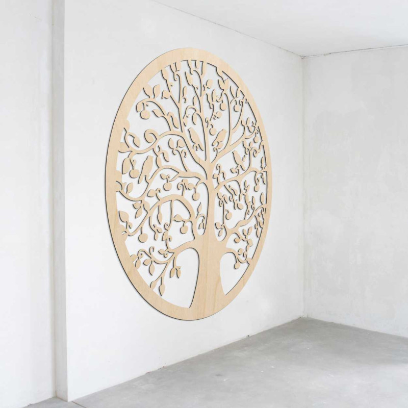 Large black Tree of Life wall hanging with carved bird and leaf details.