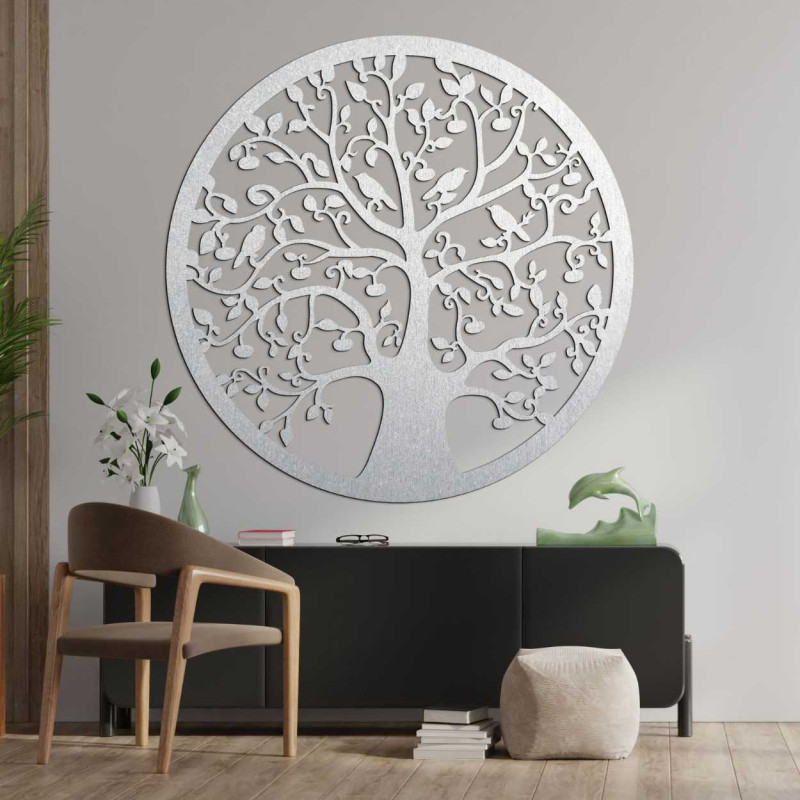 Large black Tree of Life wall hanging with carved bird and leaf details.