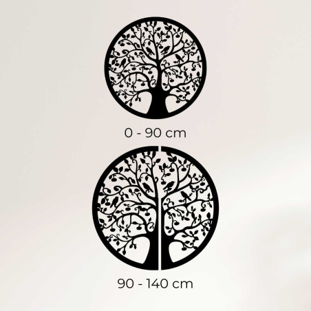 Circular wooden decoration Tree of Life in black design above the chest of drawers.