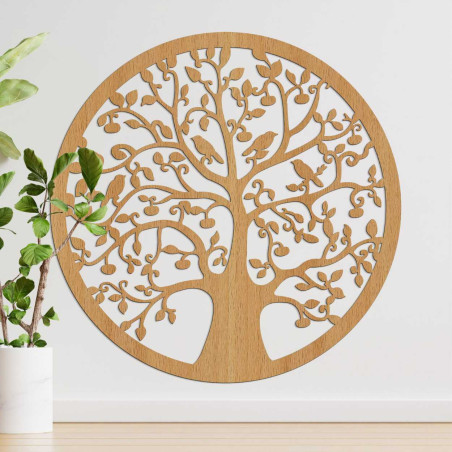 Round wall decoration Tree of Life in dark brown oak finish.