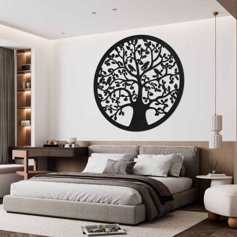 Wooden carved Tree of Life with birds in a circle, Oak Bronze decor.