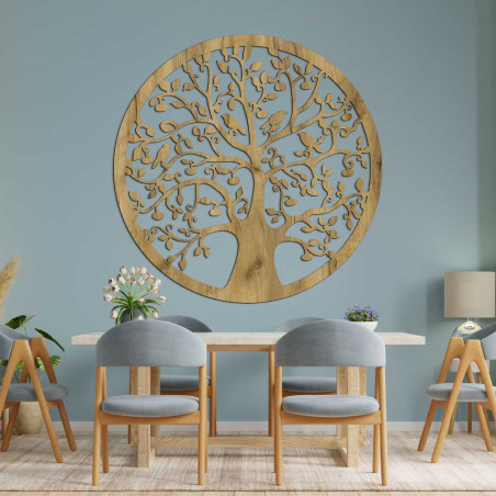 Round wall decoration Tree of Life in dark brown oak finish.