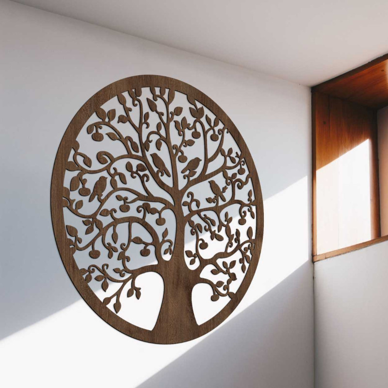 Round wall decoration Tree of Life in dark brown oak finish.