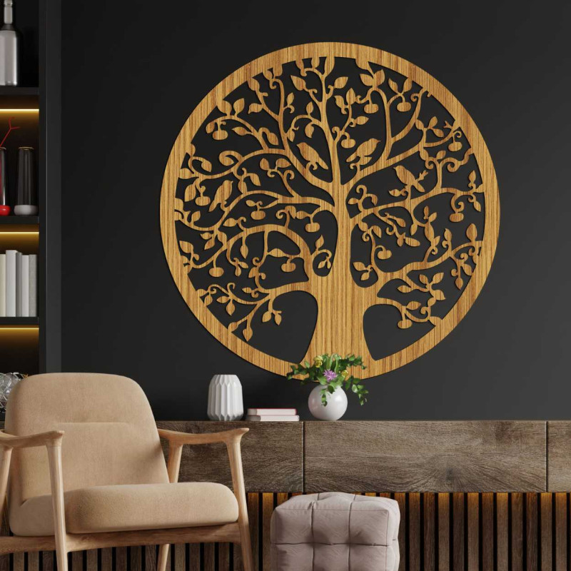 Round wall decoration Tree of Life in dark brown oak finish.
