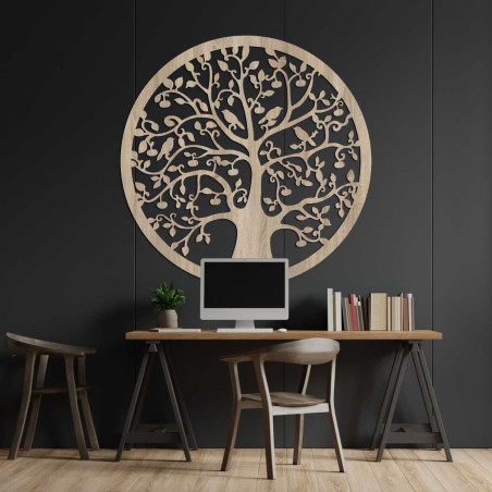 Wooden carved Tree of Life with birds in a circle, Oak Bronze decor.