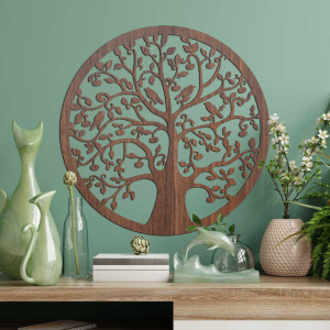 Wooden carved Tree of Life with birds in a circle, Oak Bronze decor.