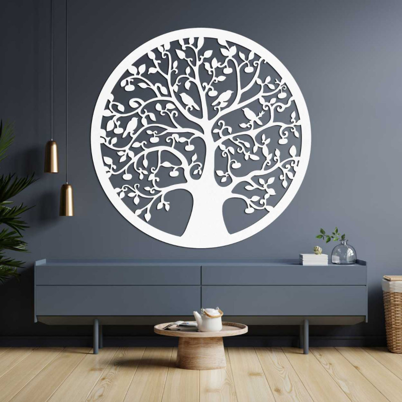 Wooden carved Tree of Life with birds in a circle, Oak Bronze decor.
