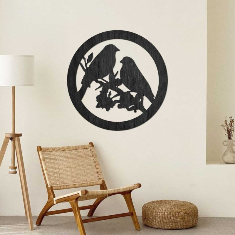 Wooden wall painting birds on a branch