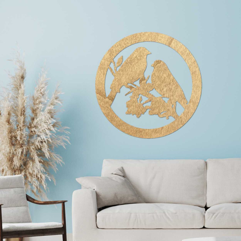 Wooden wall painting birds on a branch