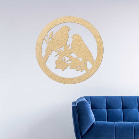 Wooden wall painting birds on a branch Wooden wall painting birds on a branch