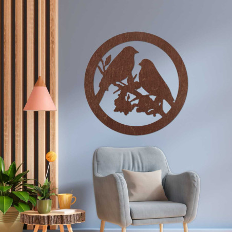 Wooden wall painting birds on a branch Wooden wall painting birds on a branch