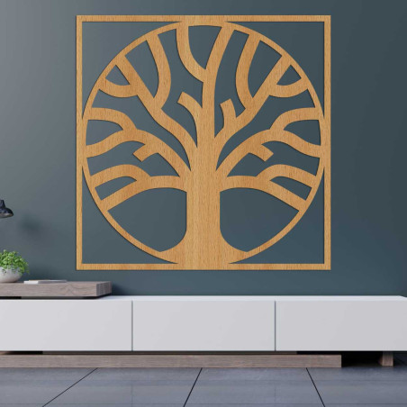 Minimalist tree of life carved from quality wood in a circular frame.