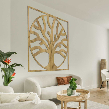 Decorative wooden panel with a tree of life motif and fine lines.