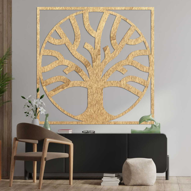 Decorative tree of life carved from wood in a modern frame.