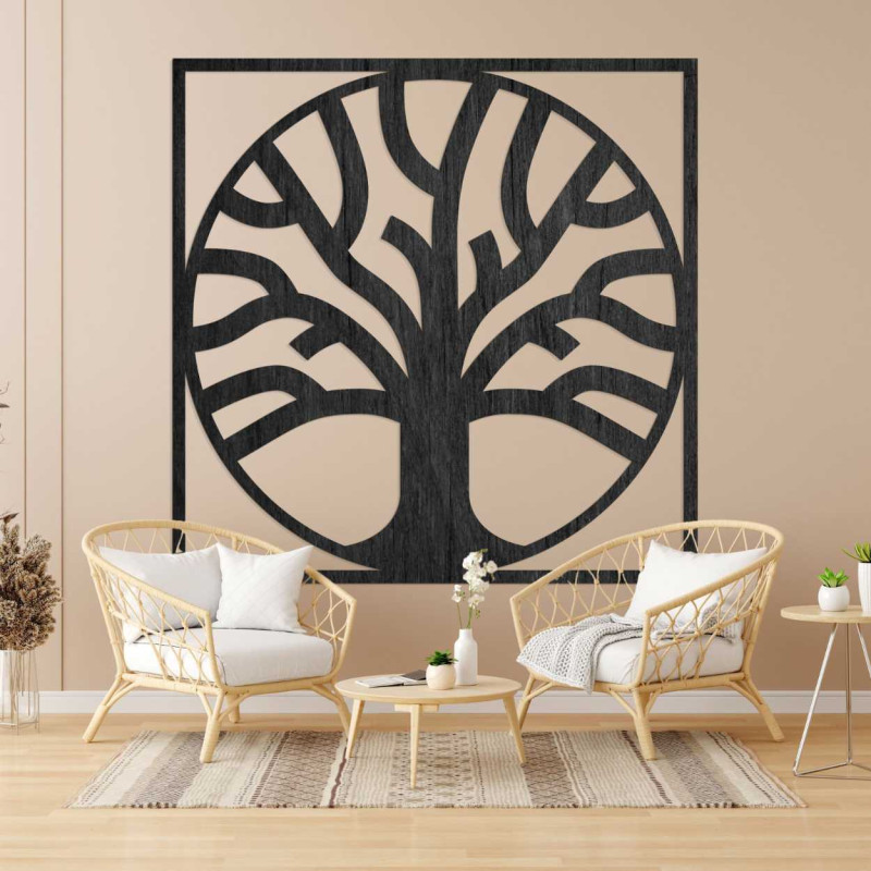 Decorative tree of life carved from wood in a modern frame.