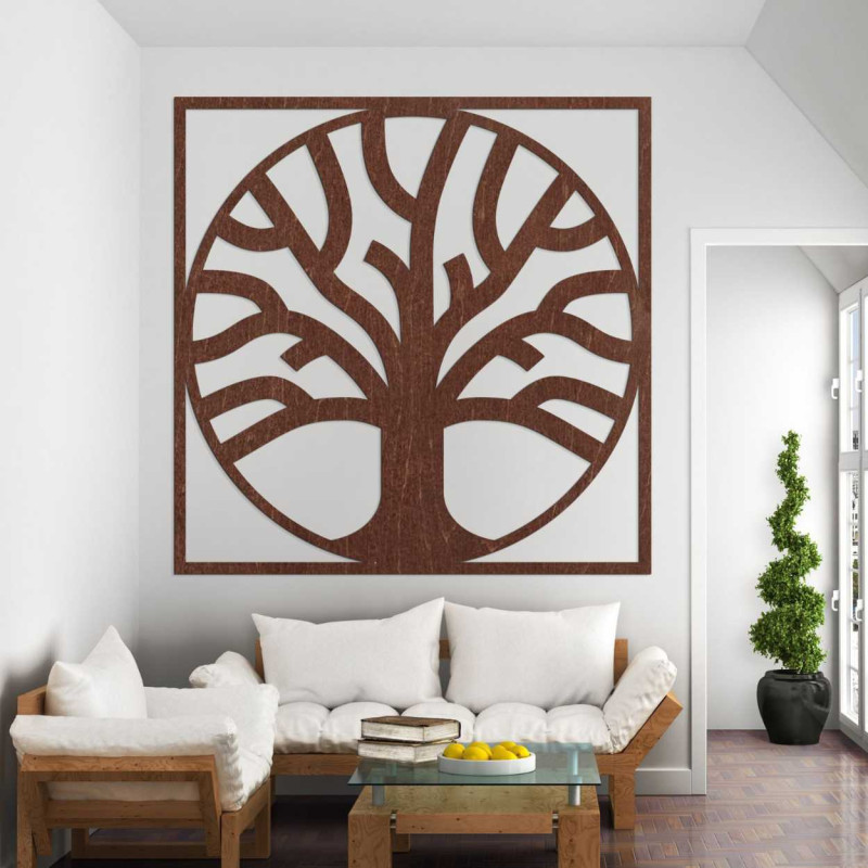 Decorative tree of life carved from wood in a modern frame.