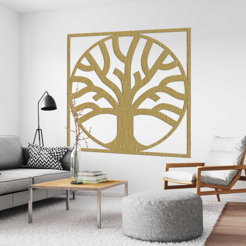 Decorative tree of life carved from wood in a modern frame.