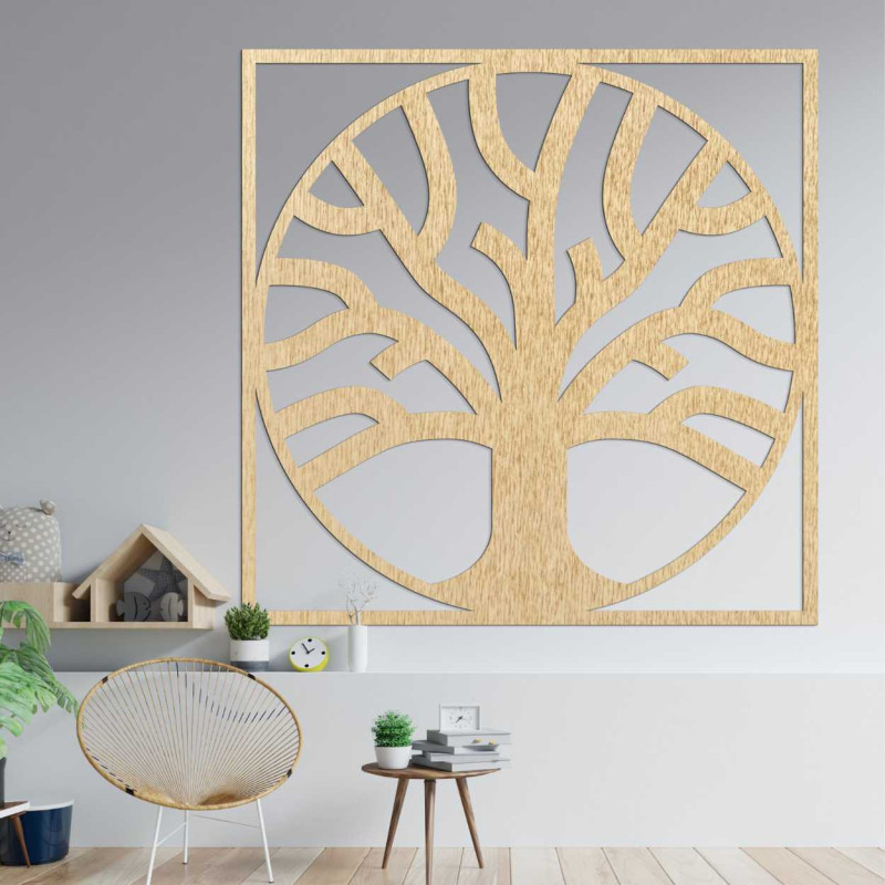 Decorative tree of life carved from wood in a modern frame.