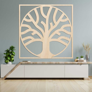 A harmonious tree of life in wooden form with interconnected branches and roots.