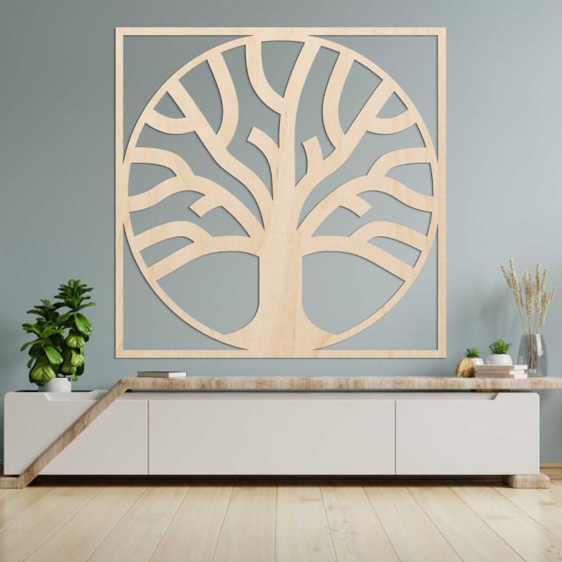 Decorative tree of life carved from wood in a modern frame.