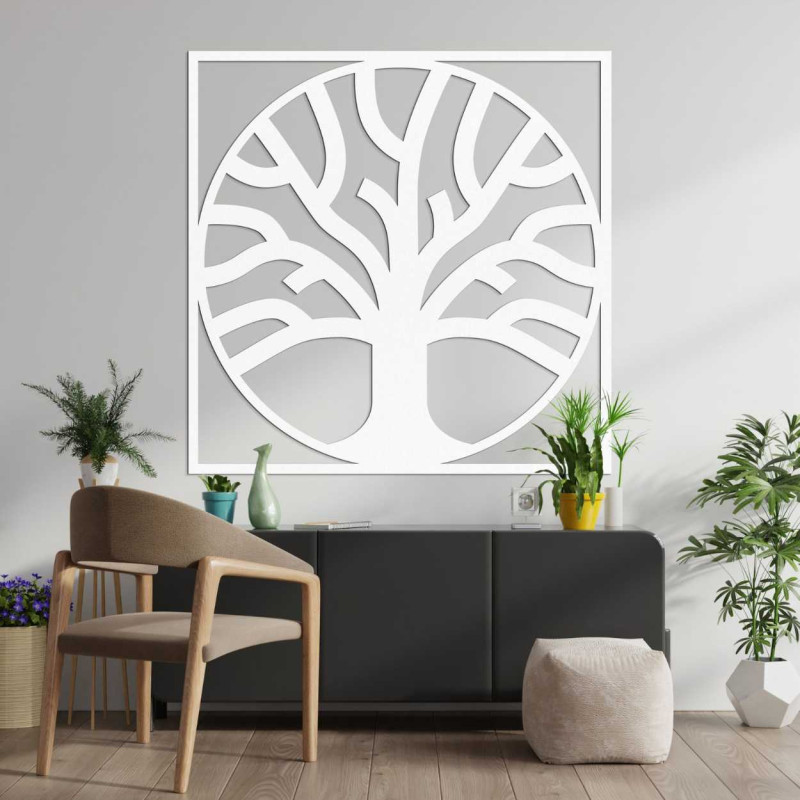 Decorative tree of life carved from wood in a modern frame.