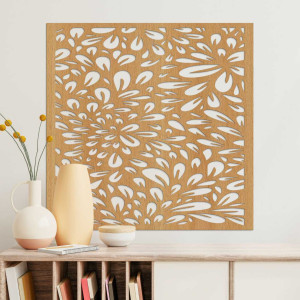 A square wooden painting with rhythmically repeating natural shapes evoking movement. 2