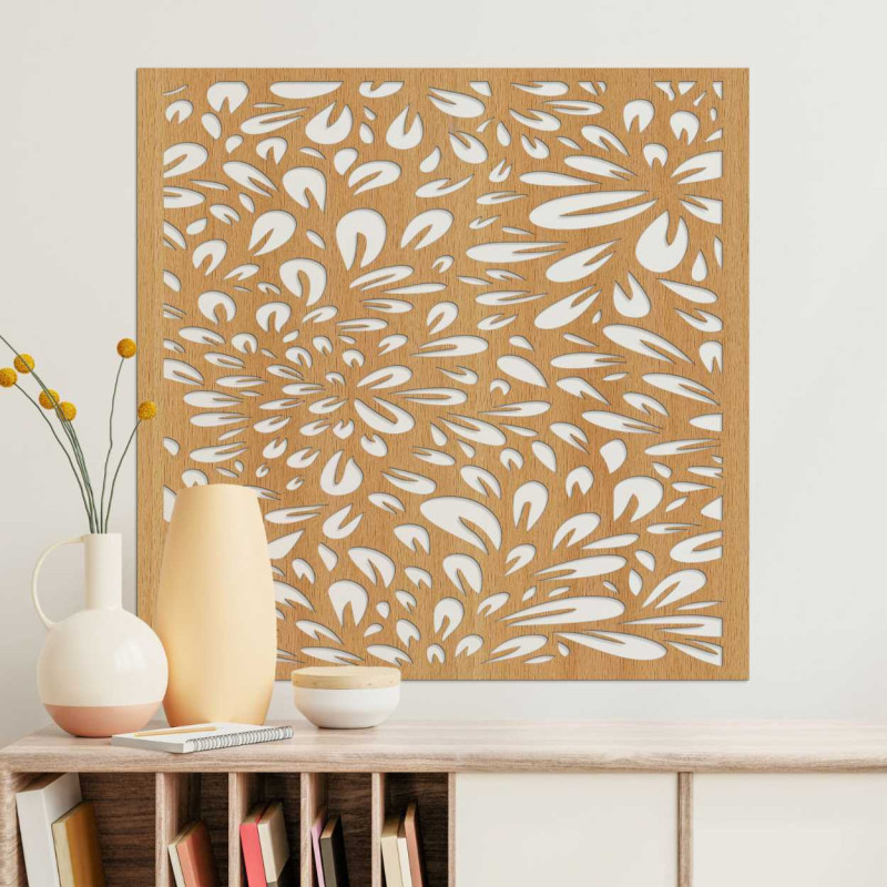 A square wooden painting with rhythmically repeating natural shapes evoking movement.